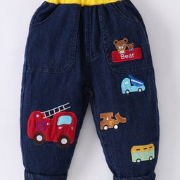 Kookie Kids Denim Full Length Jeans With Vehicles Patch Detailing - Navy Blue-image-80