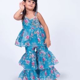 Twisha Sleeveless Floral Printed Layered Sequins & Lace Embellished Top With Sharara - Blue-image-94