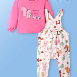 Babyoye Eco Conscious100% Cotton Knit FullSleeves Animal Printed T-Shirt & Dungaree Style Romper - White & Pink-image-99