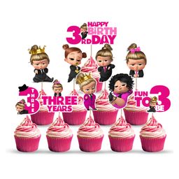 Zyozi Girl Boss Baby Theme 3rd Birthday Cupcake Toppers 3rd Birthday Cake Decorations PINK - Pack Of 10-image-34