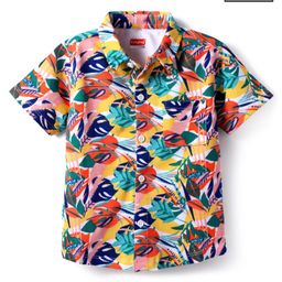 Babyhug Cotton Knit Half Sleeves Shirt with Floral Print - Yellow & Blue-image-94