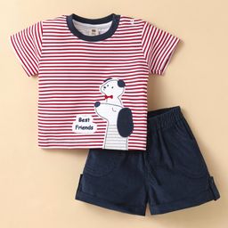 ToffyHouse Cotton Knit Half Sleeves Striped T-Shirt & Shorts Set With Dog Patch - Dark Pink-image-32
