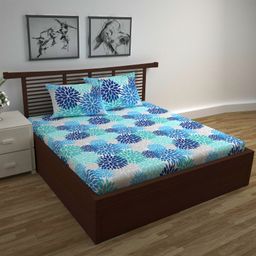 Divine Casa Floral Jaipuri Double Bedsheet with 2 Pillow Covers 100% Cotton (144 TC, Galaxy Blue, 222 x 254 cm)-23