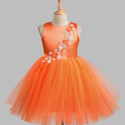 Toy Balloon Kids Net Sleeveless Pearls Embellished Floral Applique Detailed Dress - Orange-picture-24