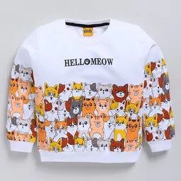 Kidcity Cotton Looper Full Sleeves Cats Printed Sweatshirt - White-picture-10