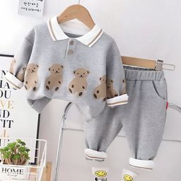 Googo Gaaga Cotton Full Sleeves Teddy Bear Printed Sweatshirt With Joggers Set - Grey-image-48