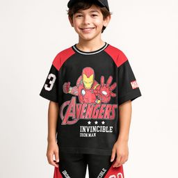 Pine Kids Marvel Single Jersey Knit Half Sleeves Oversize Drop Shoulder Raglan T-Shirt And Shorts Set With Avengers Graphics - Red & Black-image-83
