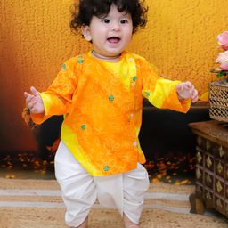 BownBee Pure Cotton Full Sleeves Bandhani Designed Kurta & Dhoti Set - Orange-17