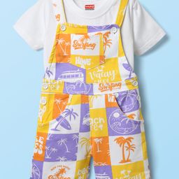 Babyhug Single Jersey Knit Half Sleeves T-Shirt & Dungaree With Beach Theme Print - Yellow & White-image-59