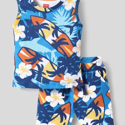 Babyhug Single Jersey Knit Sleeveless Tank T-Shirt & Shorts Co-Ord Set With Beach Theme & Floral Print - Blue-picture-15
