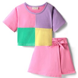 CrayonFlakes Cotton Half Sleeves Cut & Sew Top & Skort Set - Pink-image-70