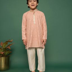 Vastramay Rayon Full Sleeves Floral Embroidered Sequins Embellished Kurta Pyjama Set - Peach-image-2