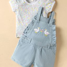 ToffyHouse Knit Dungaree & Half Sleeves T-Shirt With Floral Print & Duck Embroidery - Light Blue & White-image-62