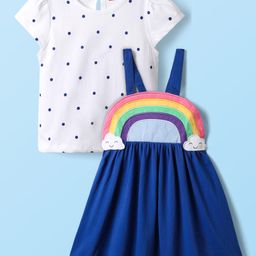 Babyhug Cotton Knit Half Sleeves Frock & Inner Tee with Polka Dot Print & Rainbow Design - Blue-image-56
