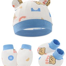 Bembika Cotton Bear Printed Caps Gloves & Mittens Set - Sky Blue-image-19