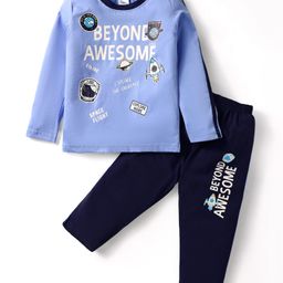 Taeko Single Jersey Knit Full Sleeves T-Shirt and Lounge Pant Set with Beyond Awesome Text Print - Blue & Black-image-65