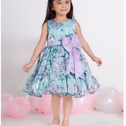Ministitch Organza Woven Sleeveless Floral Printed Bow Applique Pleated Dress - Sea Green-image-86