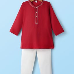Babyhug Cotton Woven Full Sleeves Solid Colour Kurta Pajama Set - Red-image-86