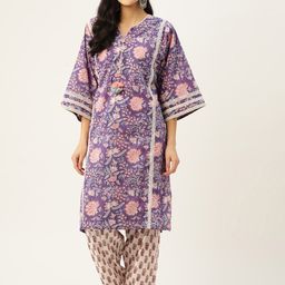 Jaipur Morni Women Purple Floral Printed Pure Cotton Kurta with Salwar-image-49