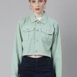 SHOWOFF Sea Green Relaxed Fit Crop Denim Jacket-picture-41