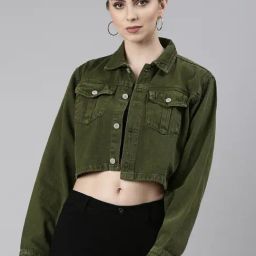 SHOWOFF Green Relaxed Fit Crop Denim Jacket-image-47