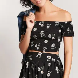 Forever 21 Black & Cream Floral Print Crop Top With Shorts Set-picture-16