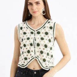 SHOWOFF Cream Self Design Crop Shrug-37