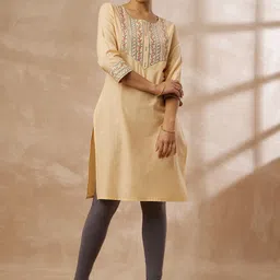 HERE&NOW Yoke Design Round Neck Cotton Straight Kurta-image-40