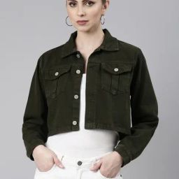 SHOWOFF Olive Relaxed Fit Crop Denim Jacket-image-30