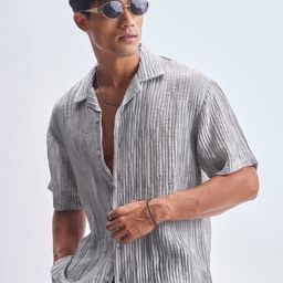 HIGHLANDER Self Design Textured Spread Collar Short Sleeves Relaxed Fit Casual Shirt-image-40