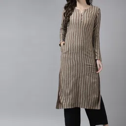 Cayman Women Taupe Printed Woollen Kurta-image-27