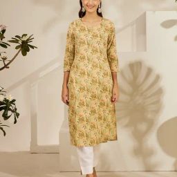 Daali Beige Cambric Basics Round Neck 3/4 Sleeves Kurta with Two Pockets-image-2