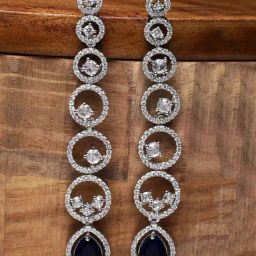 Zeneme Rhodium Plated Silver Toned Blue AD Long Dangler Earrings-10