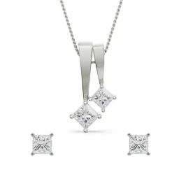 EMORI 14k (585) White Gold Princess Diamond Necklace & Earring Set-image-20