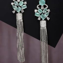Zeneme Silver Plated Brass Contemporary AD Shoulder Duster Dangler Earrings-16