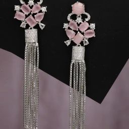 Zeneme Silver Plated Brass Contemporary AD Shoulder Duster Dangler Earrings-32