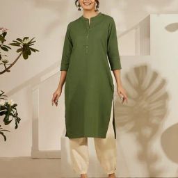 Daali Green Cotton Flax Mandarin Collar 3/4 Sleeves Smart Formals Kurta with Two Pockets-image-7