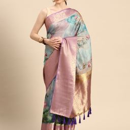 Silk Land Floral Printed Zari Pichwai Muga Silk Saree-image-32