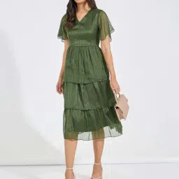 Styli Green Self Pattern A-Line Dress-image-56
