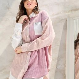 Styli Pink Textured Oversized Shirt-image-76