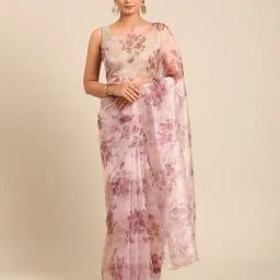 Mohey Pink Organza Floral Saree With Unstitched Blouse-image-14