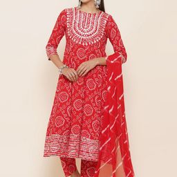 LABEL KASHI Women Bandhani Printed Regular Thread Work Aline Kurta with Trousers & Dupatta-13