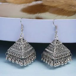 NVR Silver Plating Oxidized Triangular Shaped Hook Jhumki Earrings-6
