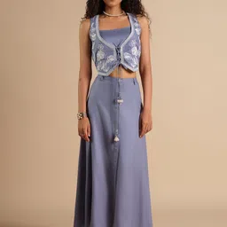 Global Desi Embroidered Top With Jacket & Skirt Co-Ords-image-15