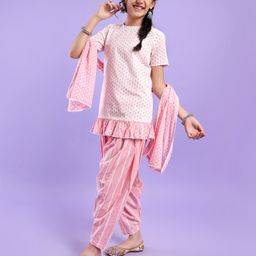 Pine Kids Half Sleeves Kurti And Churidar Set with Jaipuri Print - Pink-picture-11