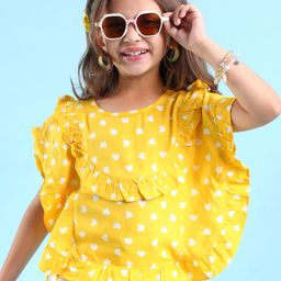 Babyhug Rayon Half Sleeves Kimono Woven Top With Heart Print and Frills Detailing - Yellow-image-68