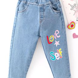 Kookie Kids Cotton Lycra Full Length Text Graphics Denim Jeans - Blue-image-3