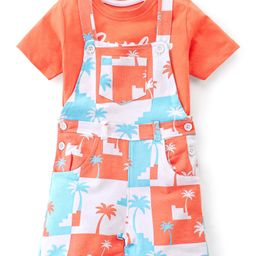 Babyhug 100% Cotton Knit Dungarees With Half Sleeves T-Shirt Text & Tropical Print - Orange & White-image-87