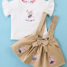 ToffyHouse Half Sleeve Top & Skirt With Suspender Bunny Embroidery- White & Beige-picture-43