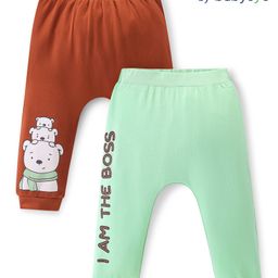 Babyoye 100% Cotton Quilted Fabric Knit Full Length Diaper Leggings with Bear & Text Print Pack of 2 - Green & Brown-picture-21